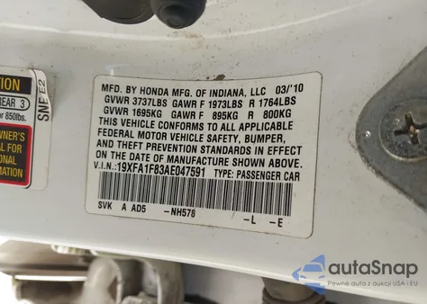 2010 Honda Civic Ex from USA, damaged, VIN 19XFA1F83AE047591